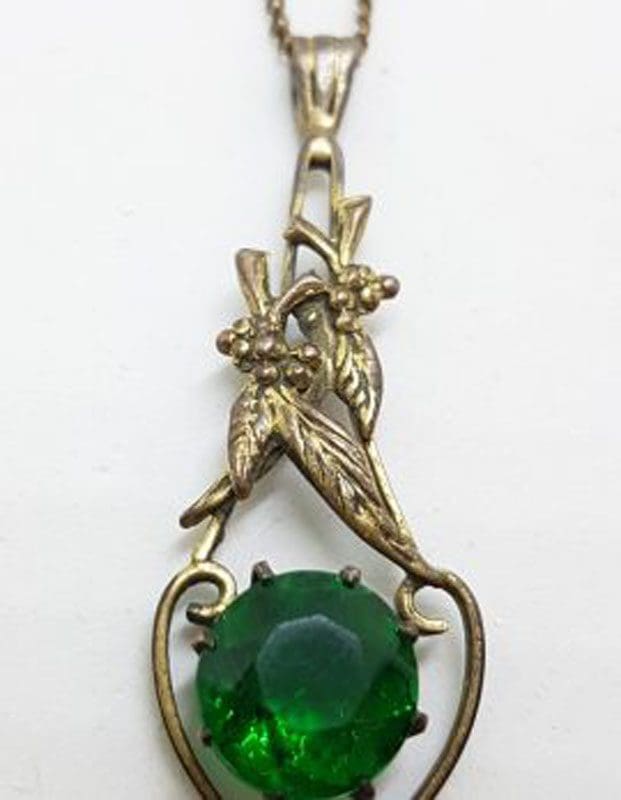 Plated / Lined Ornate Floral Heather Green Stone Pendant on Chain - Antique / Vintage