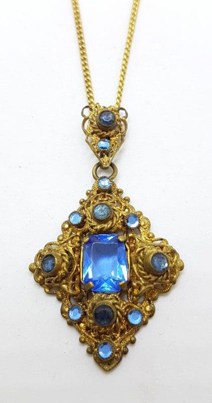 Plated / Lined Ornate Filigree Blue Stone Drop Pendant on Chain Necklace - Antique / Vintage