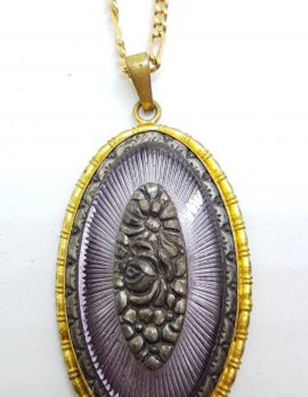 Plated / Lined Ornate Oval Floral Purple Pendant on Chain - Antique / Vintage