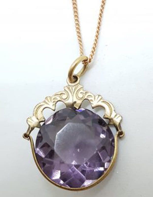 Plated / Lined Ornate Round Purple Stone Pendant on Chain - Antique / Vintage