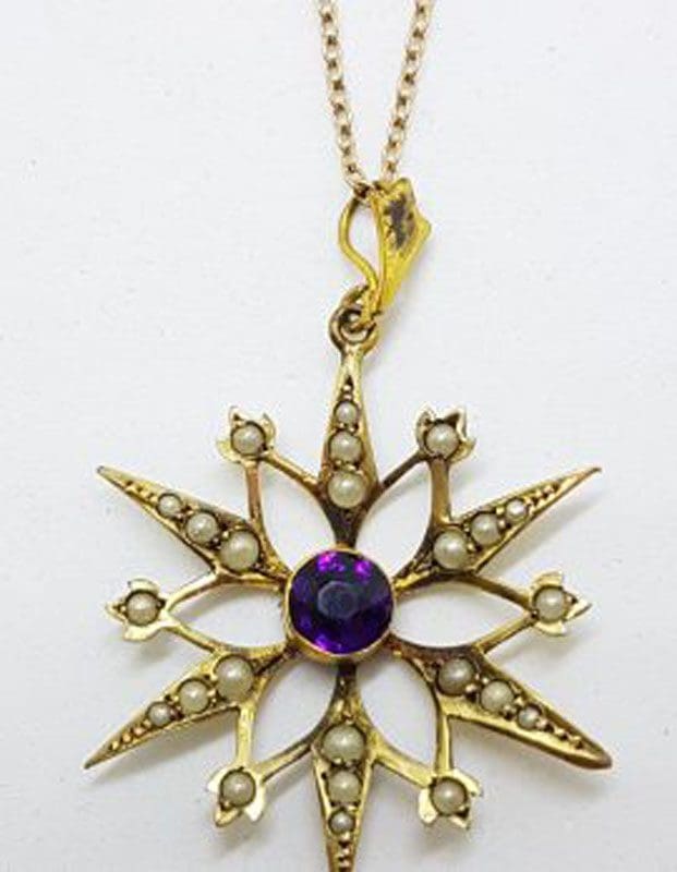 Plated / Lined Ornate Round Purple Stone with Seedpearls Large Star Pendant on Chain - Antique / Vintage