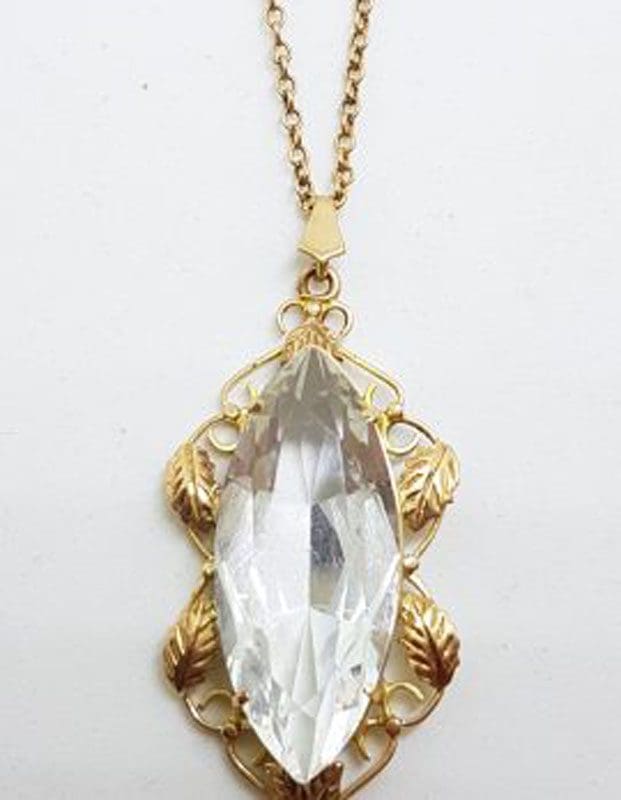 Plated / Lined Ornate Marquis Shape Clear Stone Pendant on Chain - Antique / Vintage