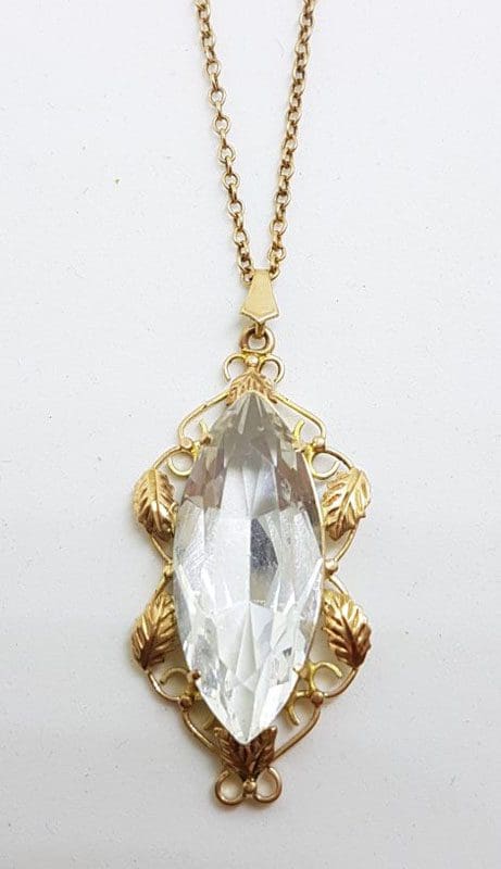 Plated / Lined Ornate Marquis Shape Clear Stone Pendant on Chain - Antique / Vintage