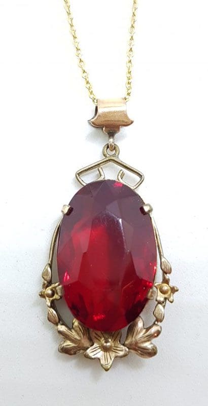 Plated / Lined Ornate Oval Large Red Stone Pendant on Chain - Antique / Vintage