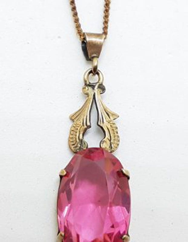 Plated / Lined Ornate Oval Pink Stone Drop Pendant on Chain - Antique / Vintage