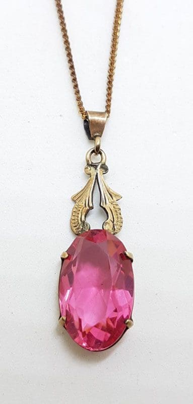 Plated / Lined Ornate Oval Pink Stone Drop Pendant on Chain - Antique / Vintage