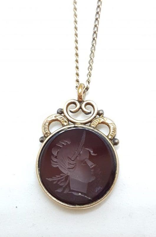 Lined / Plated Ornate Round Intaglio Seal Pendant on Chain - Antique / Vintage