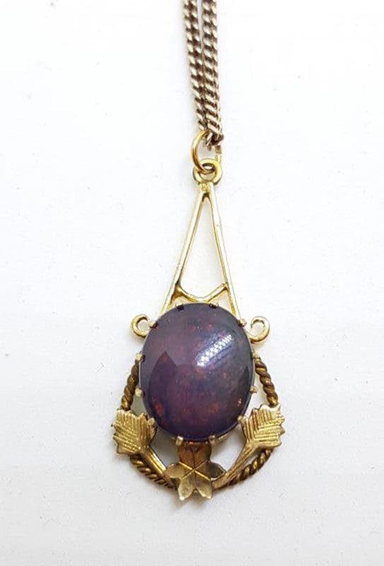 Plated / Lined Ornate Red Stone Drop Pendant on Chain - Antique / Vintage