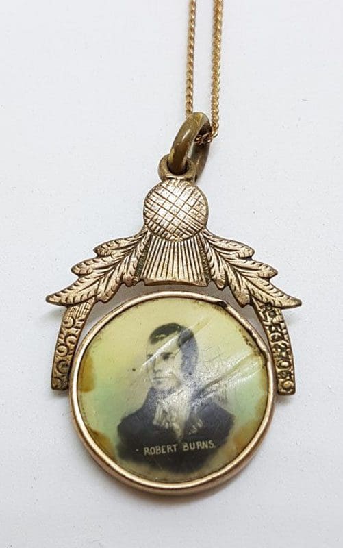 Plated / Lined Ornate Thistle Design Robbie Burns Pendant on Chain - Antique / Vintage