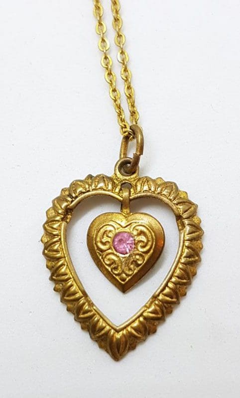 Plated Ornate Pink Heart Drop Pendant on Chain - Antique / Vintage