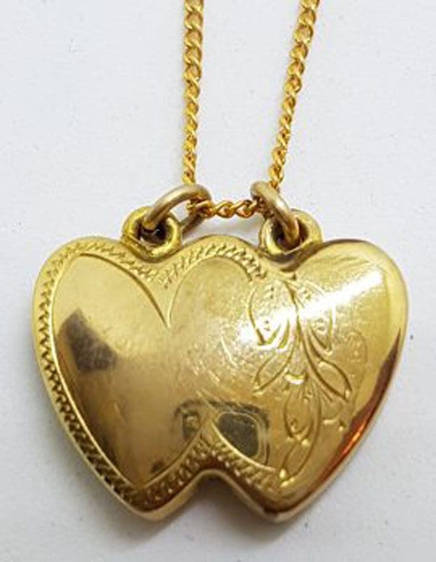 Lined / Plated Two Double Heart Locket Pendant on Chain - Antique / Vintage