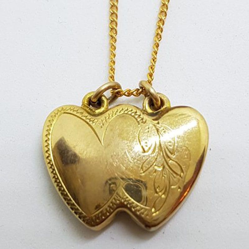 Lined / Plated Two Double Heart Locket Pendant on Chain - Antique / Vintage