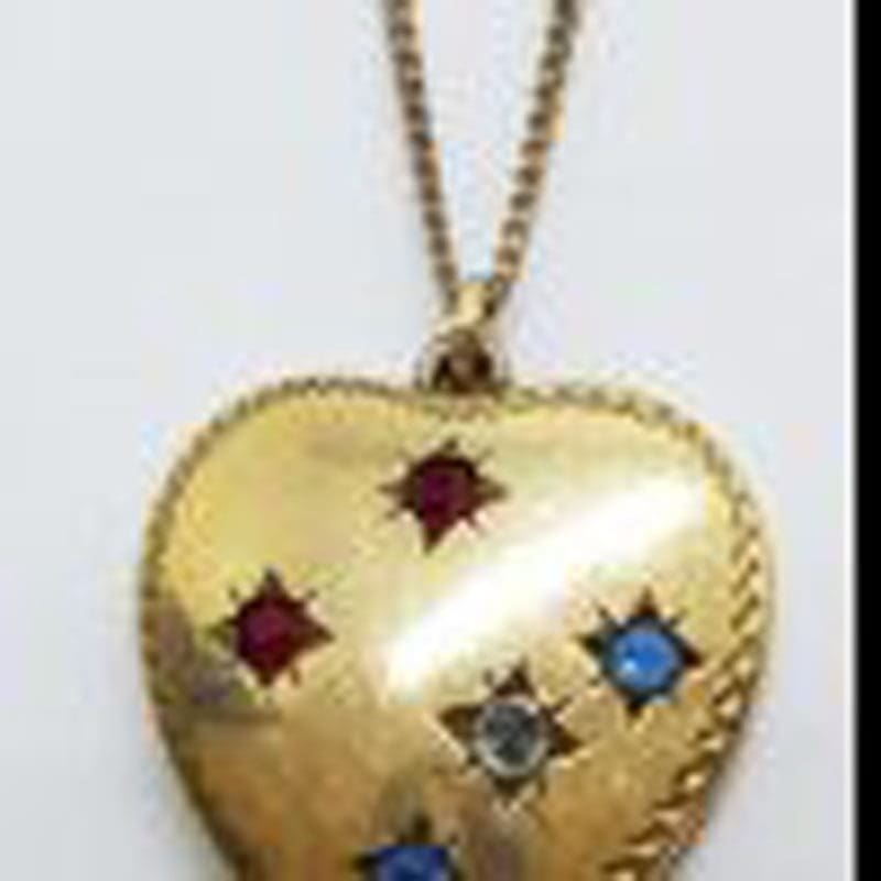 Lined / Plated Heart Locket with Blue, Red and White Pendant on Chain - Antique / Vintage