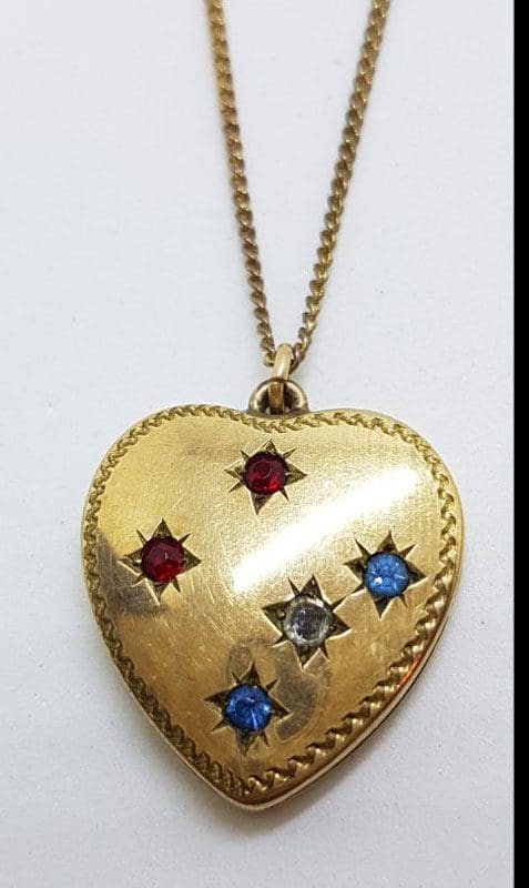 Lined / Plated Heart Locket with Blue, Red and White Pendant on Chain - Antique / Vintage