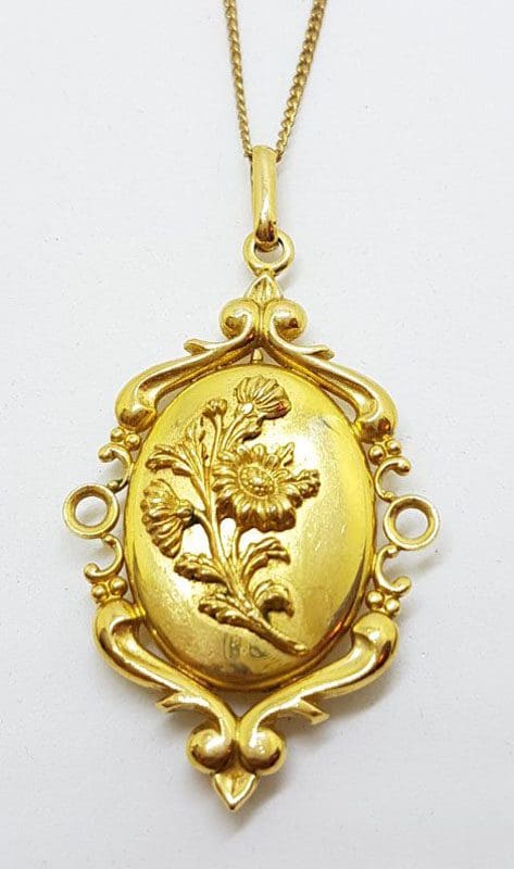 Lined / Plated Ornate Floral Oval Locket Pendant on Chain - Antique / Vintage