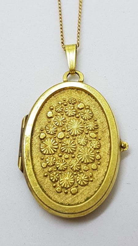 Lined / Plated Ornate Floral Oval Locket Pendant on Chain - Antique / Vintage