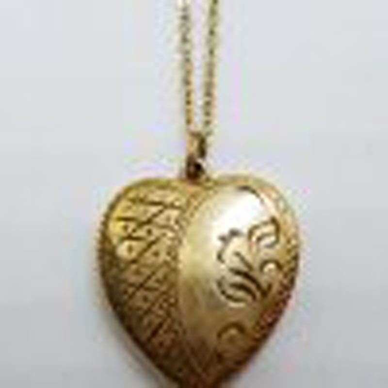 Lined / Plated Ornate Design Heart Locket Pendant on Chain - Antique / Vintage