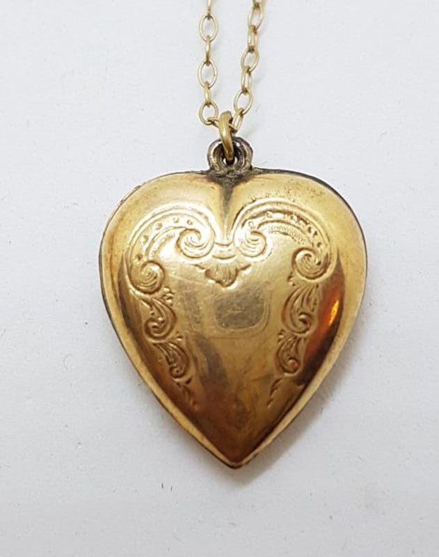 Lined / Plated Ornate Design Heart Drop Pendant on Chain - Antique / Vintage