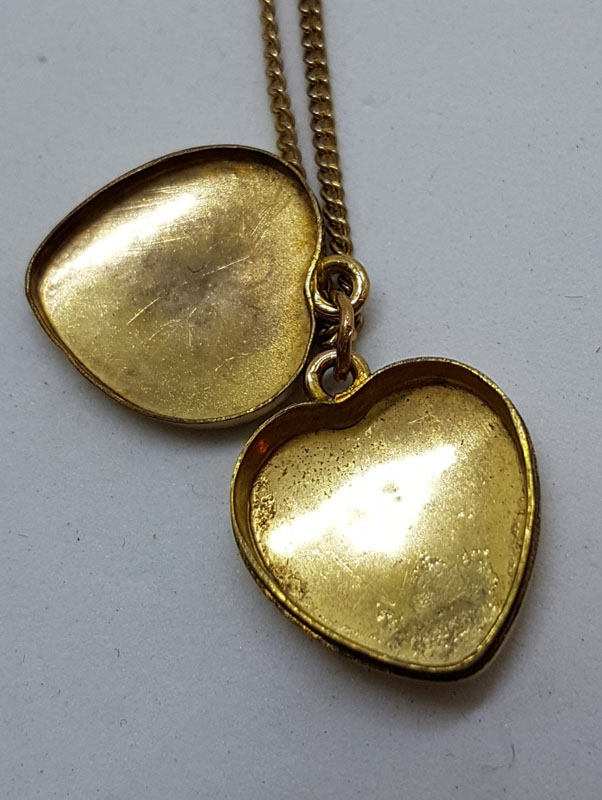 Lined / Plated Ornate Design Heart Locket Pendant on Chain - Antique / Vintage