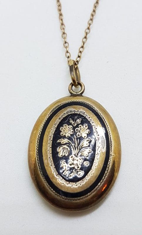 Lined / Plated Ornate Floral Oval with Black Enamel Mourning Locket Pendant on Chain - Antique / Vintage