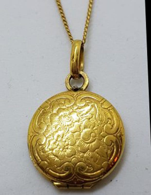 Lined / Plated Ornate Round Locket Pendant on Chain - Antique / Vintage