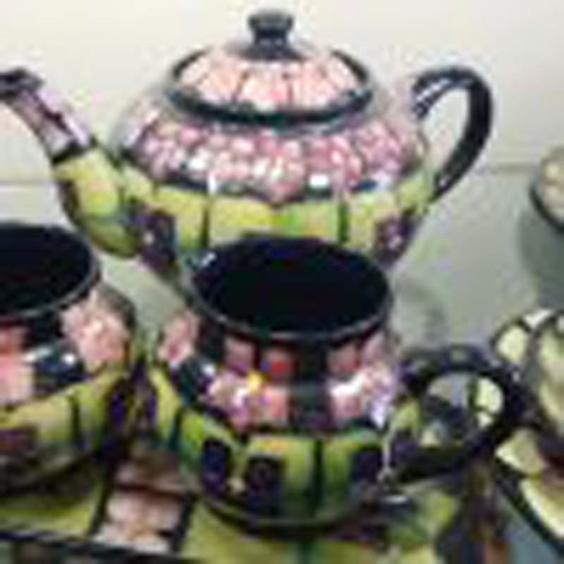 * SOLD * Moorcroft Violets Design Teaset - 6 x Cups/Saucers/Plates, 1 x Teapot, Milk Jug, Sugar Bowl and Tray