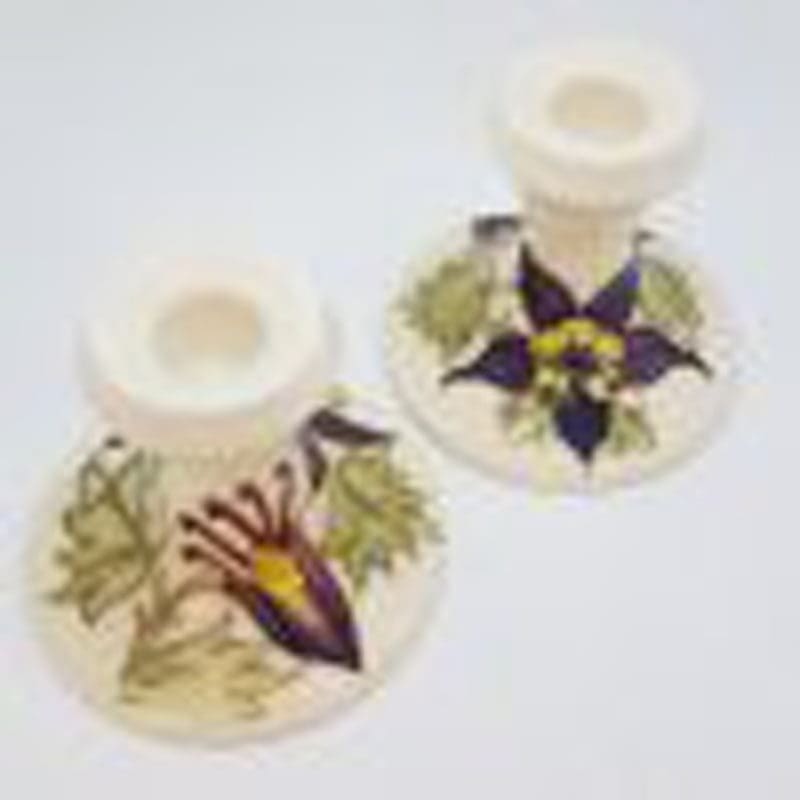Moorcroft Style Floral Pair of White Candlesticks