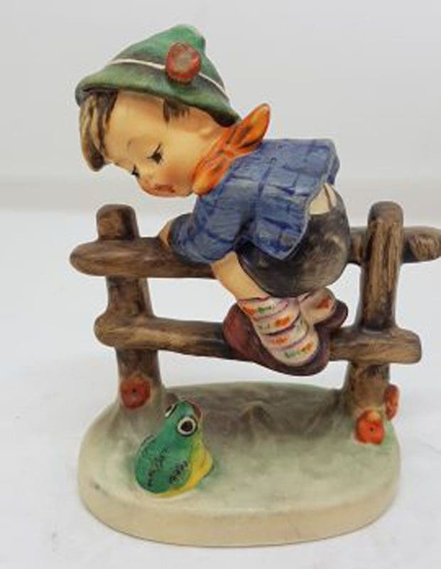 Vintage German Hummel Figurine - Retreat to Safety - Boy on Fence with Frog