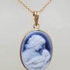 14ct Yellow Gold Blue Agate Oval Cameo Mother & Child Pendant on 9ct Chain