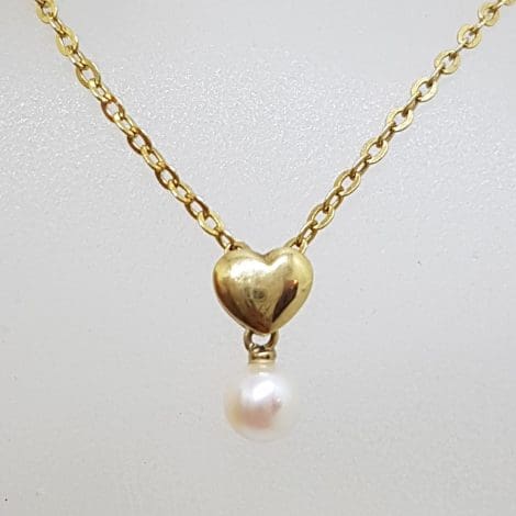 9ct Yellow Gold Pearl on Heart Drop Pendant on Gold Chain