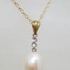 9ct Yellow Gold Pearl Drop on Diamond Line Pendant on Gold Chain