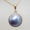 9ct Yellow Gold Round Shape Grey / Blue Mabe Pearl Pendant on Gold Chain