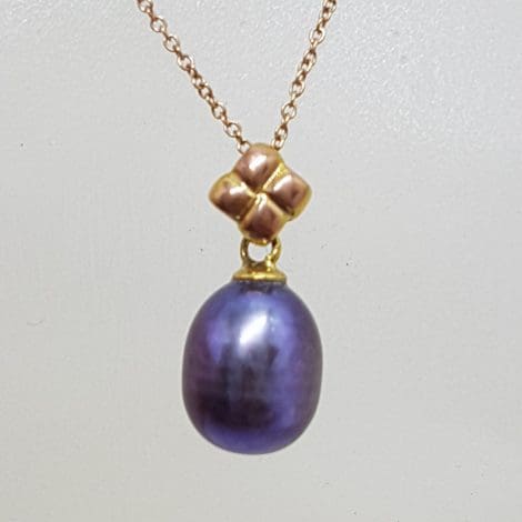 9ct Yellow Gold Black / Blue Pearl Drop Pendant on Gold Chain