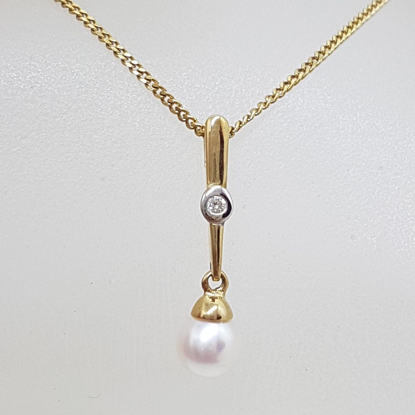 20201023_131419 9ct Yellow Gold Pearl Drop on Diamond Line Pendant on Gold Chain
