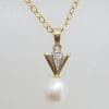 9ct Yellow Gold Pearl & Diamond Triangle Top Pendant on Gold Chain