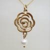 9ct Yellow Gold Pearl Long Rose / Flower Pendant on Gold Chain
