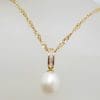 7899ct Yellow Gold Pearl & Channel Set Diamond Pendant on Gold Chain