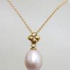 9ct Yellow Gold Pink Pearl Drop on Flower Design Pendant on Gold Chain