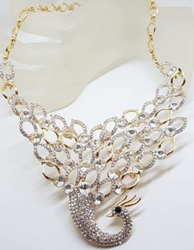 Plated Very Large Rhinestone Peacock / Phoenix Necklace and Earring Set - Costume Jewellery