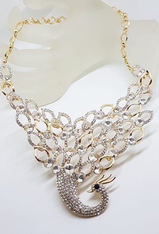 Plated Very Large Rhinestone Peacock / Phoenix Necklace and Earring Set - Costume Jewellery