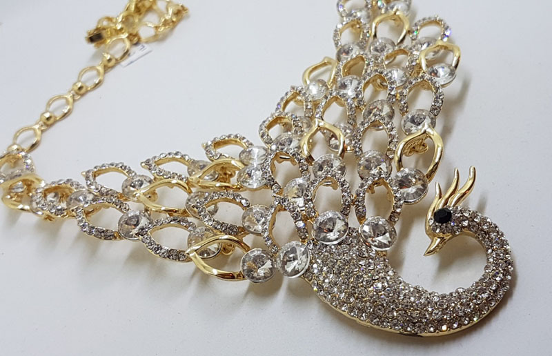 Plated Very Large Rhinestone Peacock / Phoenix Necklace and Earring Set - Costume Jewellery