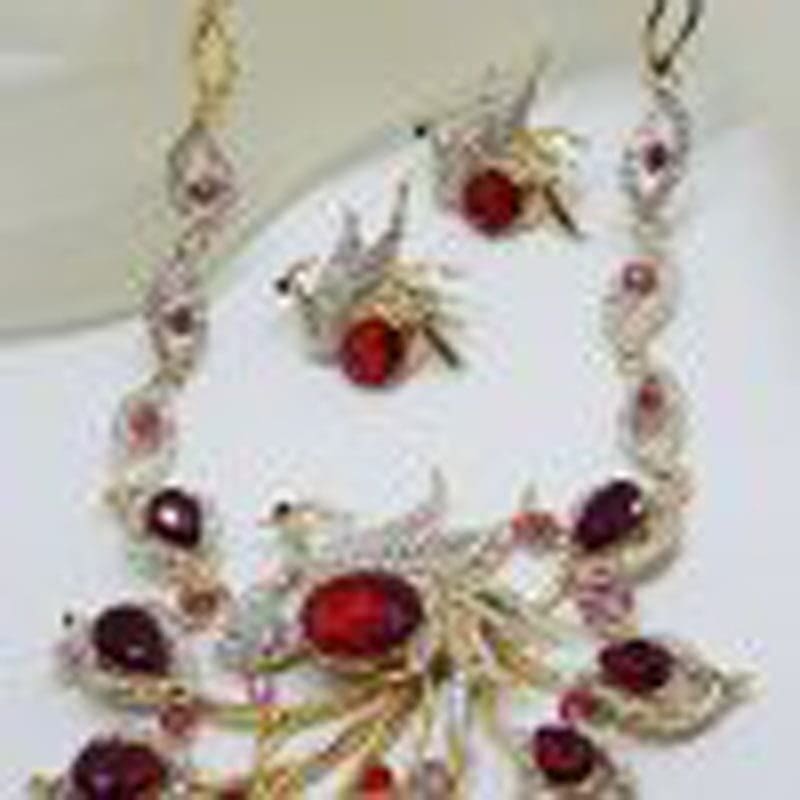 Plated Very Large Red and Rhinestone Peacock / Phoenix Necklace and Earring Set - Costume Jewellery