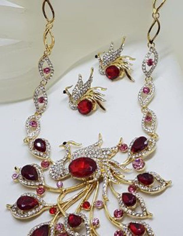 Plated Very Large Red and Rhinestone Peacock / Phoenix Necklace and Earring Set - Costume Jewellery