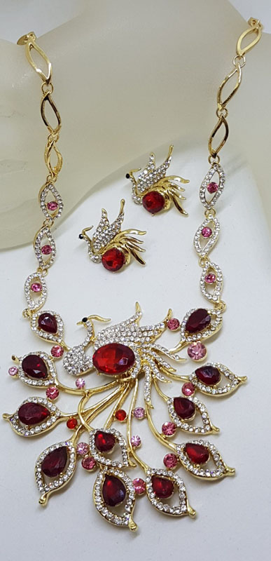 Plated Very Large Red and Rhinestone Peacock / Phoenix Necklace and Earring Set - Costume Jewellery