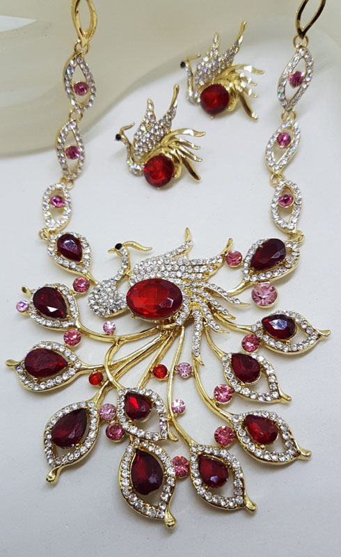 Plated Very Large Red and Rhinestone Peacock / Phoenix Necklace and Earring Set - Costume Jewellery