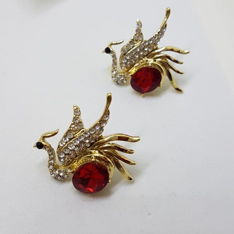 Plated Very Large Red and Rhinestone Peacock / Phoenix Necklace and Earring Set - Costume Jewellery