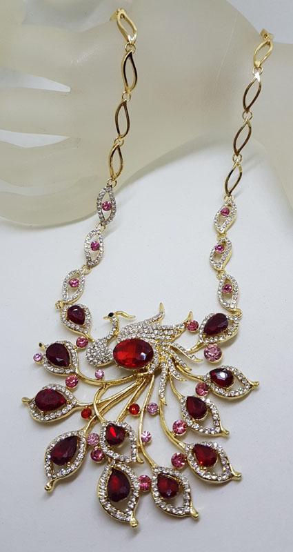 Plated Very Large Red and Rhinestone Peacock / Phoenix Necklace and Earring Set - Costume Jewellery