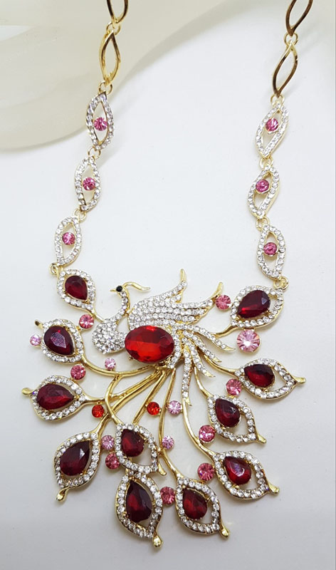 Plated Very Large Red and Rhinestone Peacock / Phoenix Necklace and Earring Set - Costume Jewellery