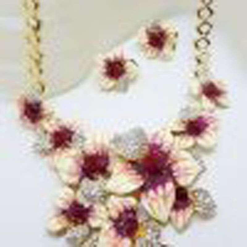 Plated Very Large Red and Rhinestone Flower Necklace and Earring Set - Costume Jewellery