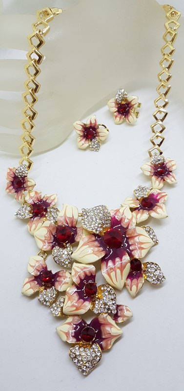 Plated Very Large Red and Rhinestone Flower Necklace and Earring Set - Costume Jewellery